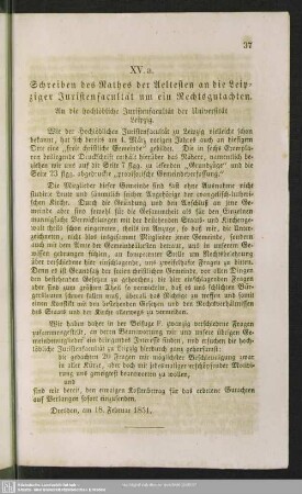 XV. a. Schreiben des Rathes der Aeltesten an die Leipziger Juristenfacultät um ein Rechtsgutachten
