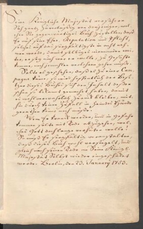 Handschriftliche Vorrede mit Geheimhaltungsverpflichtung vom 23. Januar 1753