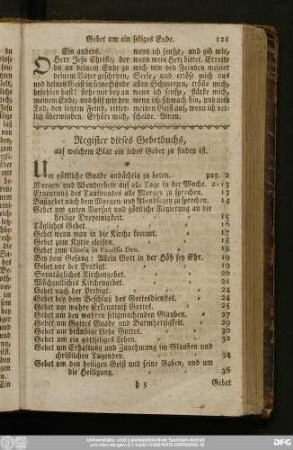 Register dieses Gebetbuchs, auf welchem Blat ein jedes Gebet zu finden ist.