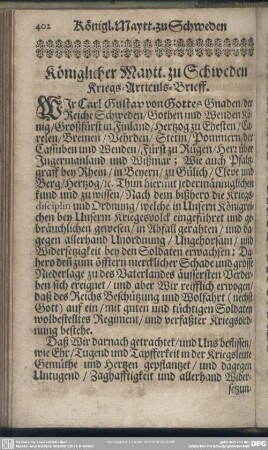 Königlicher Maytt. zu Schweden Kriegs-Articuls-Brieff [+ Königl. Schwedischen General- und Ober-Gerichts-Ordnung]