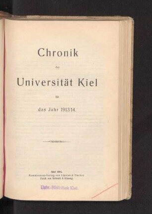 1913/14: Chronik der Universität Kiel für das Jahr 1913/14