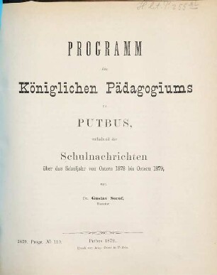 Programm des Königlichen Pädagogiums zu Putbus. 1878/79