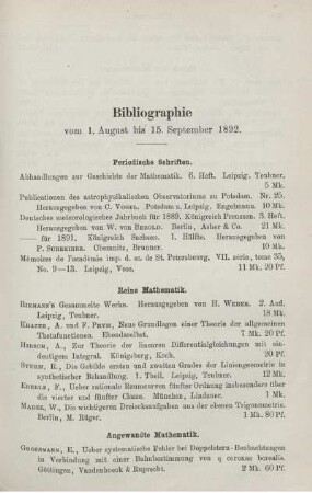 Bibliographie vom 1. August bis 15. September 1892.