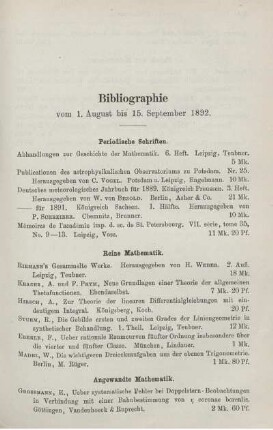 Bibliographie vom 1. August bis 15. September 1892.