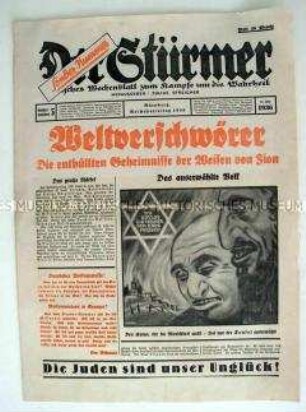 Sondernummer des antisemitischen Hetzblattes "Der Stürmer" zur Veröffentlichung der "Protokolle der Weisen von Zion"