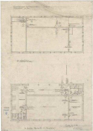 Bestelmeyer, German; München; Bayer. Nationalmuseum, Erweiterungsbau - Grundriss EG (Türenplan); Grundriss 1. OG (Türenplan)