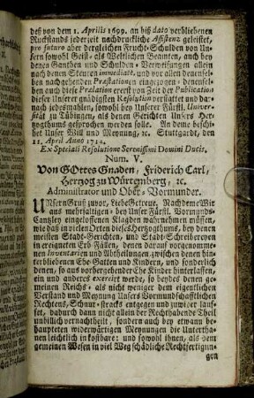 Num. V. Von Gottes Gnaden, Friderich Carl, Hertzog zu Würtemberg, etc. Administrator und Ober-Vormunder.