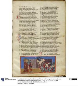 Hüon d'Auvergne, Roman in Versen, geschrieben v. Nicolas Trombeor. Ein Teufel stößt die Verdammten in einen Drachenpfuhl. Links die Höllenwanderer