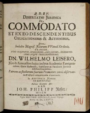 Dissertatio Iuridica De Commodato Et Ex Eo Descendentibus Obligationibus & Actionibus