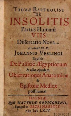 Thomae Bartholini De Insolitis Partus Humani Viis Dissertatio Nova