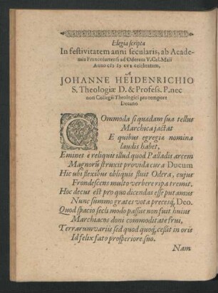 Elegia scripta In festivitatem anni secularis ... A Johanne Heidenrichio