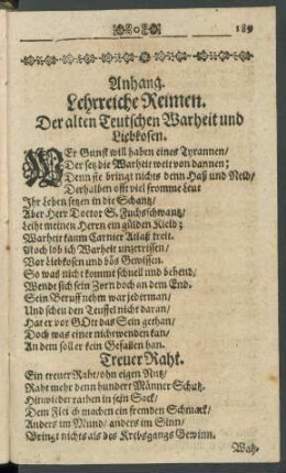 Anhang. Lehrreiche Reimen. Der alten Teutschen Warheit und Liebkosen