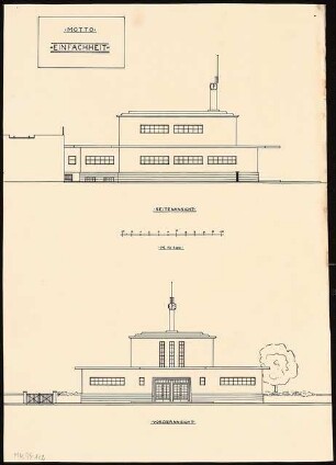 Empfangsgebäude an einer Vorortbahn Monatskonkurrenz Mai 1929: Aufriss Vorderansicht, Seitenansicht 1:100; Maßstabsleiste