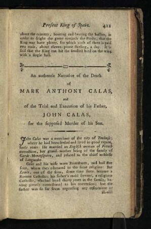 An authentic Narrative of the Desth of Mark Anthony Calas, of the Trial and Exercution of his Father John Calas, for the supposed Murder of his son