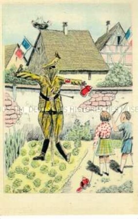 Postkarte mit Karikatur: Hitlers Uniform als Vogelscheuche