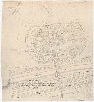 Stadtpark, Erfurt: Lageplan zum Längsschnitt durch die Daberstedter Schanze in der verlängerten Achse der Bahnhofsstraße 1:1000