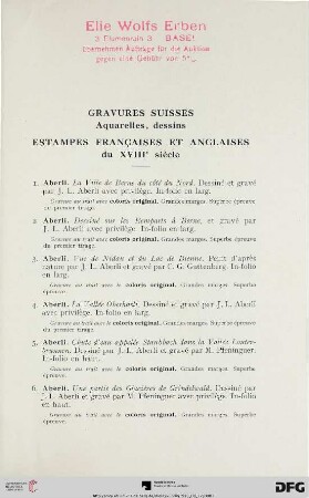 Gravures suisses, aquarelles, dessins, estampes français et anglaises du XVIIIe siècle (Nr. 1-261)
