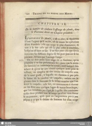 Chapitre IX. De la manière de conduire l'affinage du plomb, dans le Fourneau décrit au Chapitre précédent