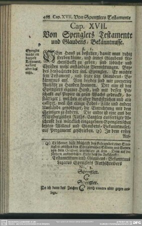 Cap. XVII. Von Sprenglers Testamente und Glaubens-Bekänntnusse