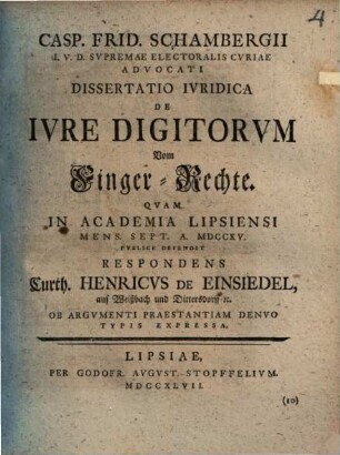 De iure digitorum ... disp. : = Vom Finger-Recht