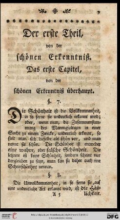 Das erste Capitel, von der schoenen Erkenntnisz ueberhaupt