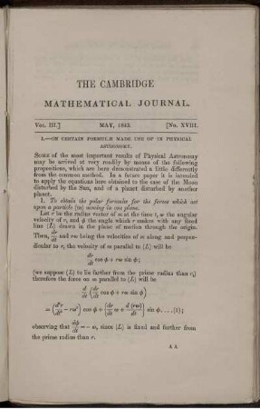 I. On certain formulae made use of in physical astronomy.
