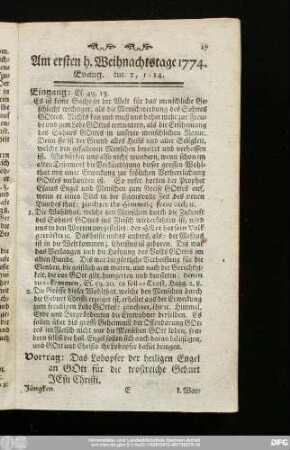Am ersten h. Weihnachtstage 1774. Evang. Luc. 1, 1 - 14.
