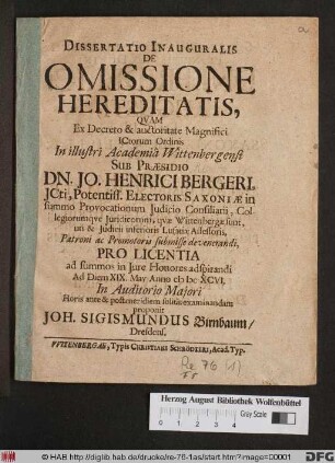 Dissertatio Inauguralis De Omissione Hereditatis