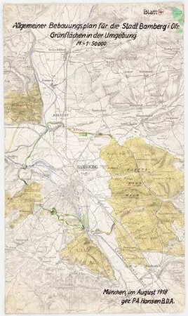Bebauungsplan Bamberg. Zum Projekt gehörend: Hermann Jansen, Bebauungsplan Bamberg: Grünflächenplanung, Lageplan 1:50000
