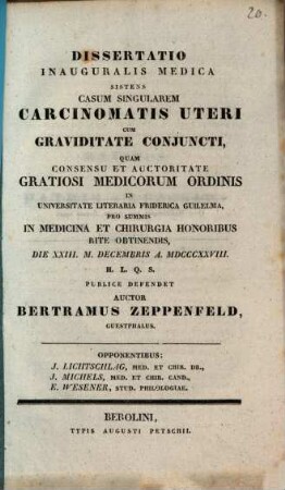Dissertatio inauguralis medica sistens casum singularem carcinomatis uteri cum graviditate coniuncti