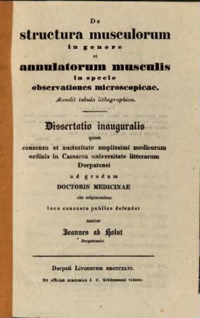 De structura musculorum in genere et annulatorum musculis in specie observationes microscopicae : acced. tabul. lithogr.