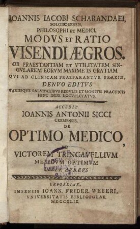 Joannis Jacobi Scharandaei, Solodorensis, Philosophi Et Medici, Modvs Et Ratio Visendi Ægros : Ob Praestantiam Et Vtilitatem Singvlarem Eorvm Maxime In Gratiam Qvi Ad Clinicam Praeparantvr Praxin