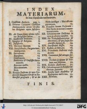 Index Materiarum In hoc Opusculo tractatarum.