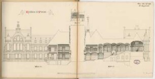 Landratsamt (Kreishaus), Prenzlau Monatskonkurrenz Mai 1883: 2 Längsschnitte, Querschnitt; 2 Maßstabsleisten