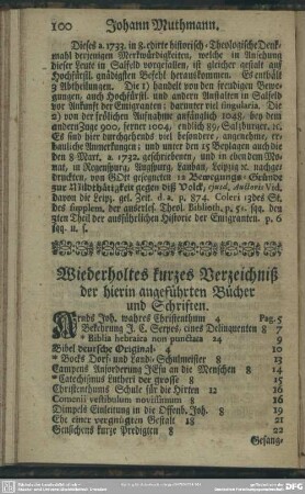 Wiederholtes kurzes Verzeichniß der hierin angeführten Bücher und Schriften