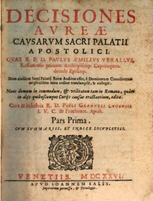 Decisiones Avreae Cavsarvm Sacri Palatii Apostolici. 1