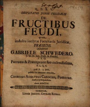 Disputatio Iuris Feudalis De Fructibus Feudi