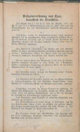 Polizeiverordnung und Taxe, betreffend die Droschken.