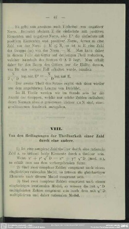 VIII. Von den Bedingunegn der Teilbarkeit einer Zahl durch eine andere