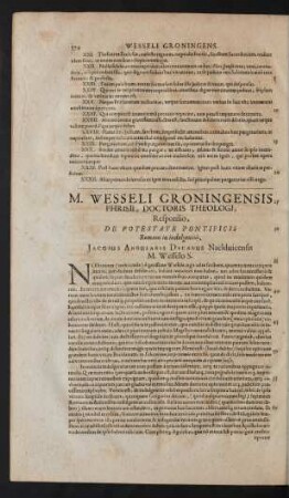M. Wesseli Groningensis Phrisii, Doctoris Theologi, Responsio, De Potestate Pontificis Romani in indulgentiis.
