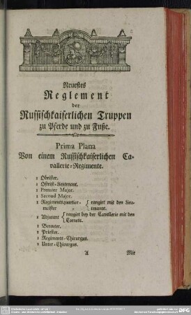 Prima Plana Von einem Russischkaiserlichen Cavallerie-Regimente