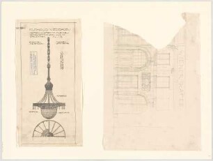 Thiersch, Friedrich von; Wiesbaden; Kurhaus - 1. Zeichnung: Wiener Kaffee (Teilansicht) 2. Zeichnung: Kettenlüster Kleiner Saal u. Spielzimmer (Ansicht, Teilansichten)
