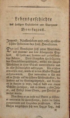 Lebensgeschichte des heiligen Erzbischofes und Martyrers Bonifazius.