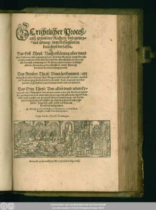 GErichtlicher Proceß/|| ausz grund der Rechten/ vnd gemey=||ner übung/ zum fleissigsten in || drei theyl verfasset.|| Das Erst Theyl/ Nach erklärung aller vnnd || ieder sonderen vnd eygenen wörter/ so in den Rechten vnnd Gerich=||ten gebraucht werden ... || Das Annder Theyl/ Vonn herkommen/ art || vnd gestalt aller Action/ oder Klagen ... || Das Dritt Theyl/ Von allen vnnd ieden Ex=||ceptioñ oder Außzügen/ wie die ... im Rechten befun=||den werden ... || vormals im || Truck nie außgangen.|| Sampt einem ... || Register/ auffs newe hinzů gethan.||
