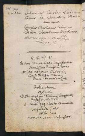 Winterhalbjahr 1759/1760. Rektorat (Prorektor) Christoph Friedrich Harpprecht