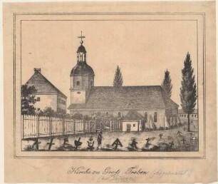 Die Kirche in Großtreben (Beilrode-Großtreben) nördlich von Torgau inmitten des Kirchhofes