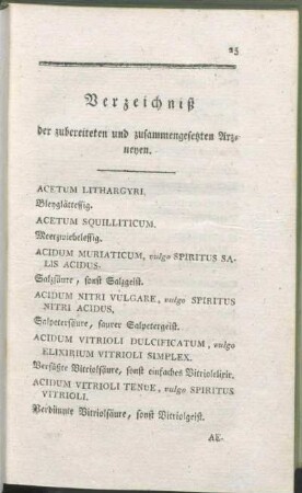 Verzeichniß der zubereiteten und zusammengesetzten Arzneyen.