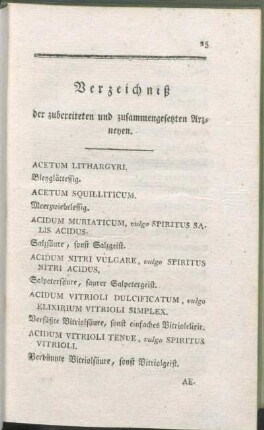 Verzeichniß der zubereiteten und zusammengesetzten Arzneyen.
