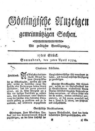 17tes Stück. Sonnabend, den 30ten April 1774.