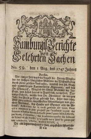 No. 59. den 1 Aug. des 1747 Jahres. - No. 67. den 29 Aug. des 1747 Jahres.
